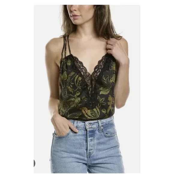 NWT Free People Off The Coast Cami Black Lace Floral Print Tank Blouse Size S F1 - Picture 1 of 8